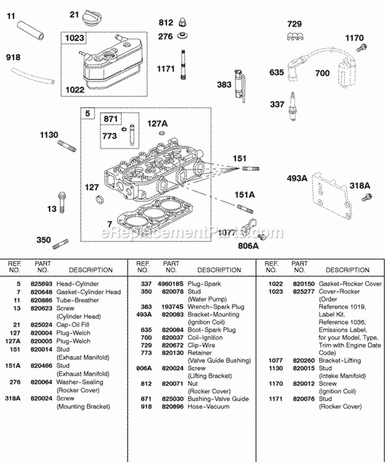 Head Rocker Cover Ignition Breather Hoses Diagram and Parts List for 581447-0375-E2  Briggs and Stratton Engine